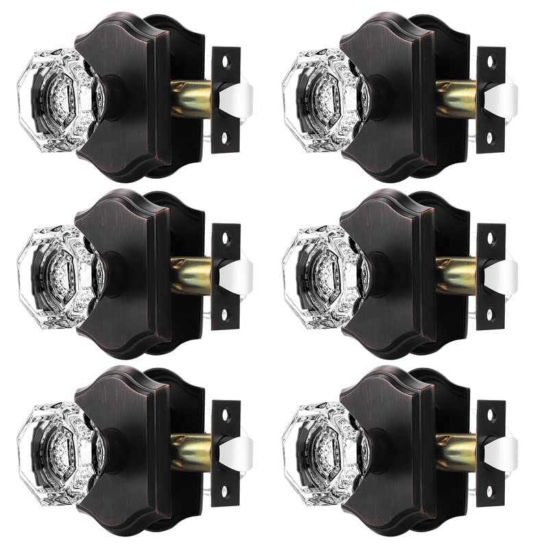 Orger Passage Door Knobs for Hallway and Closet, Glass Door Handles with Non-Locking Latch, Octagonal Clear Crystal Door Knobs 6 Pack, Oil Rubbed Bronze Vintage Rosette with Heavy Duty Crystal - Image 1